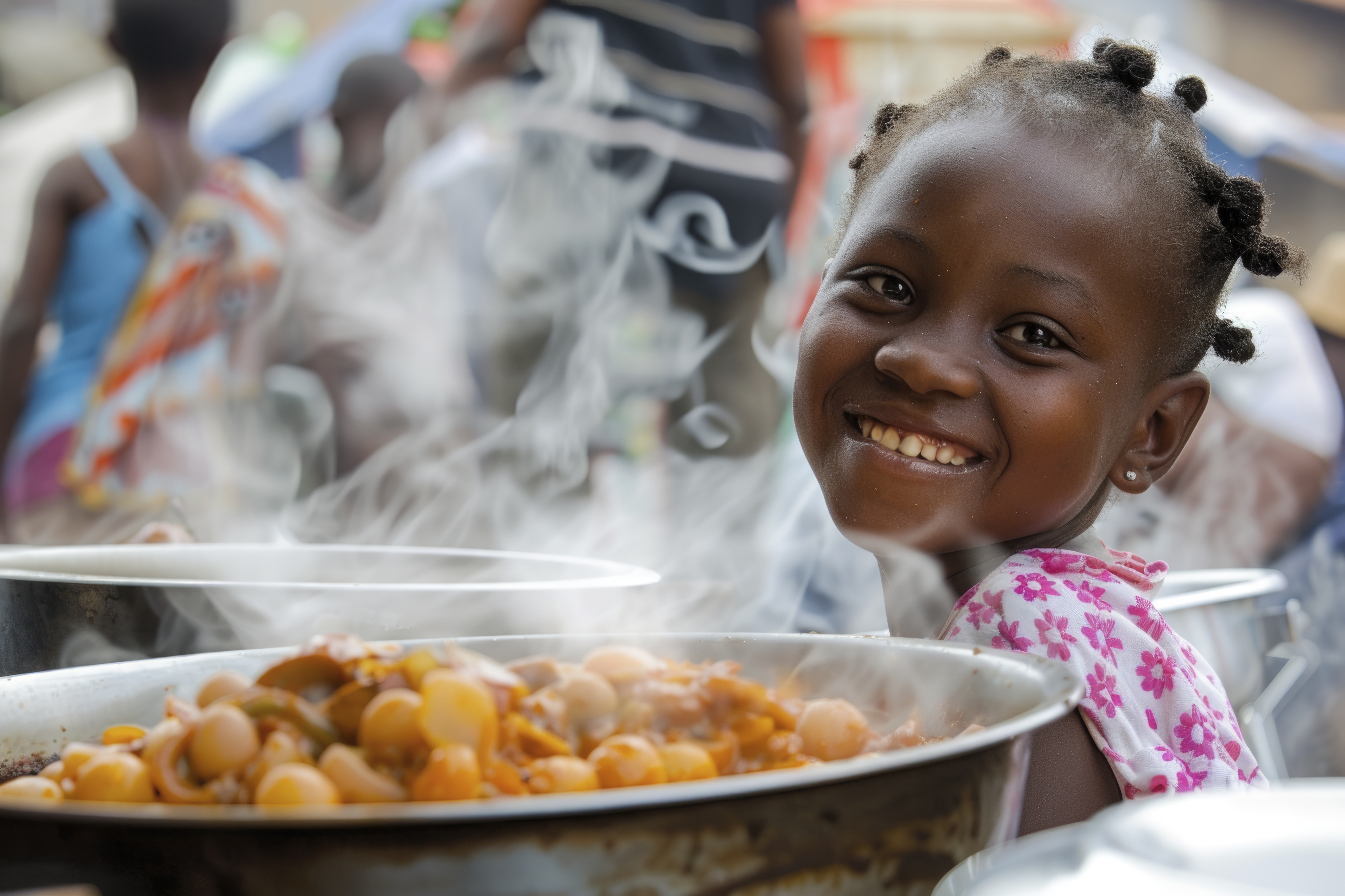 Girl smiling at community feeding — Child Care & Welfare